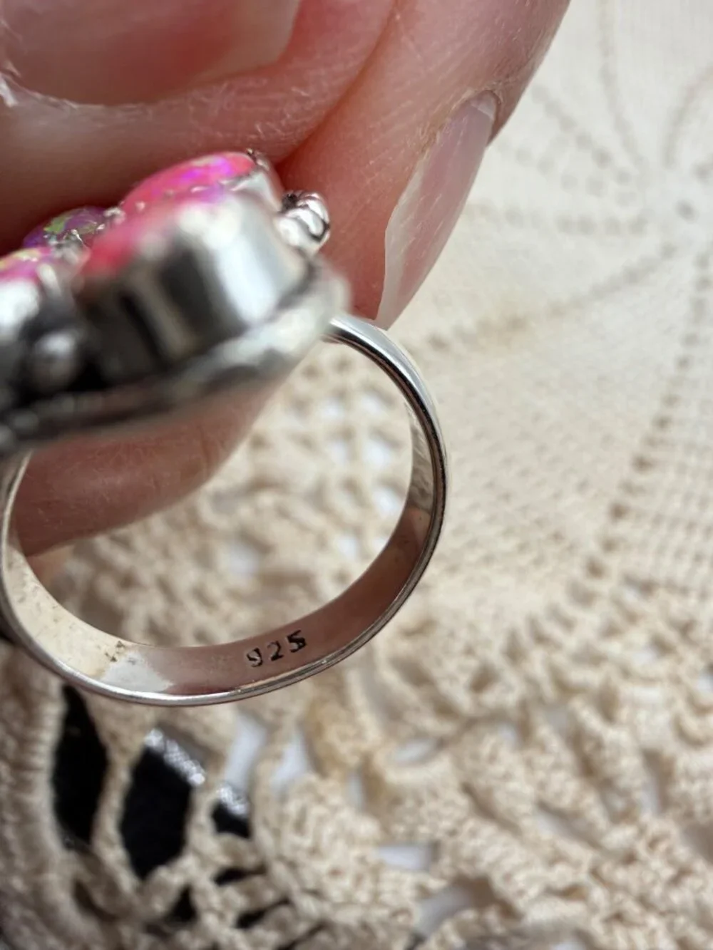 Artisan Sterling Silver Pink Balloon Opal Floral Cluster Statement Ring Sz 6.75